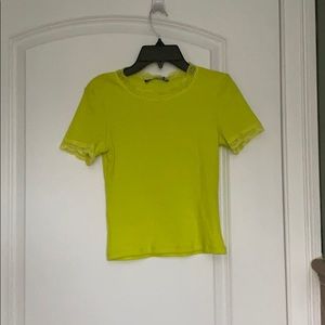 zara neon yellow fitted tee with lace collar